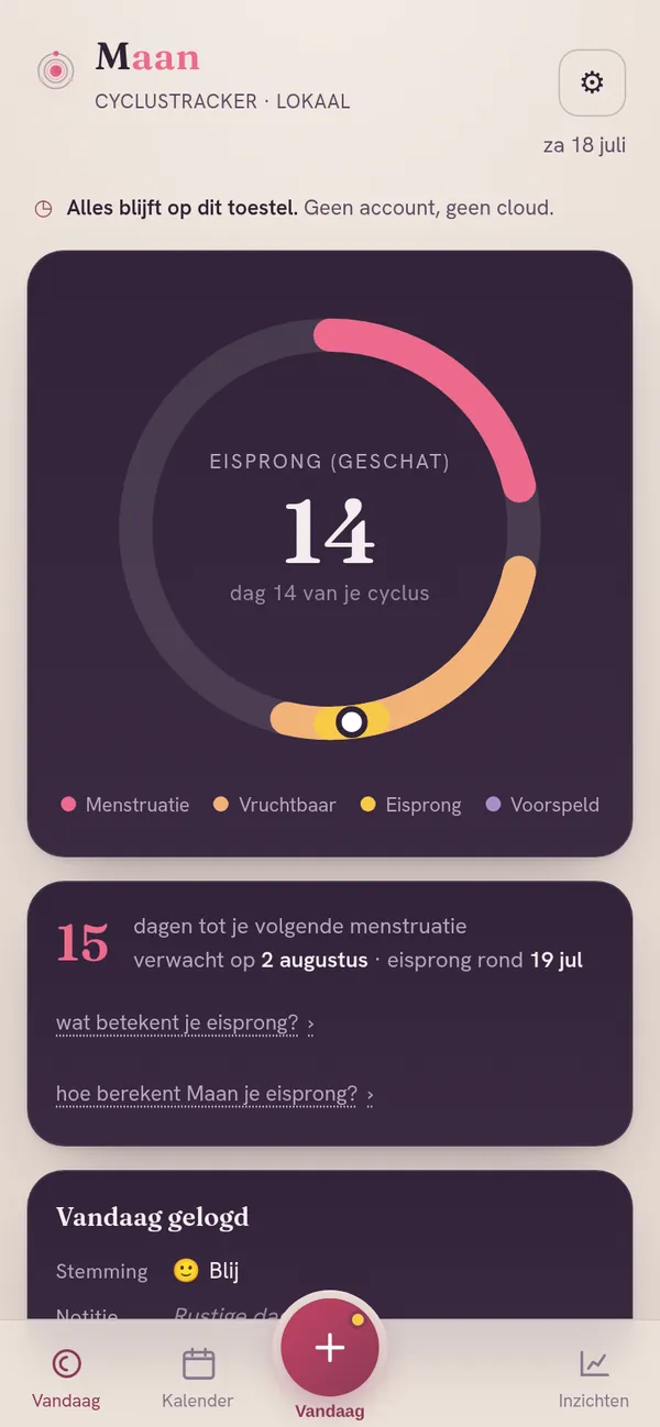 Maan — vandaagscherm met je cyclusritme als ring, dag 14