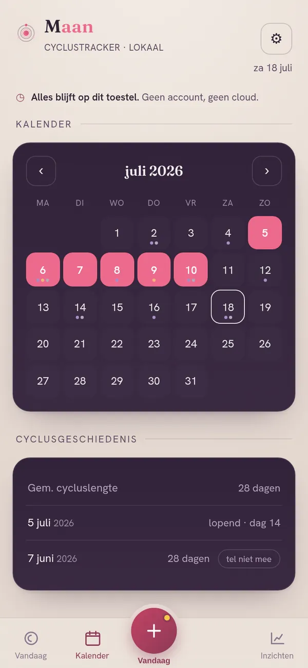 Maan — kalender met je cyclusgeschiedenis per maand