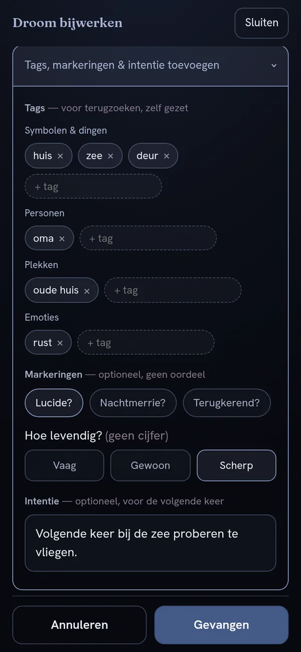 Mist — je droom markeren met tags en labels