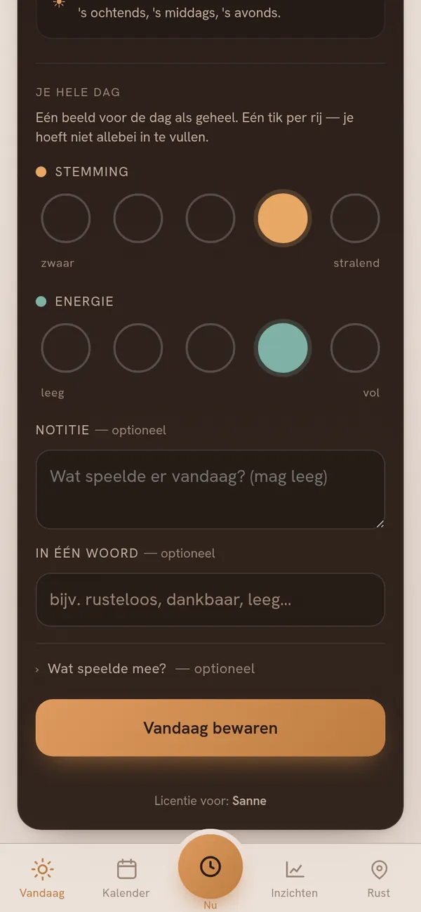 Zon — vandaagscherm: tik je stemming en energie aan
